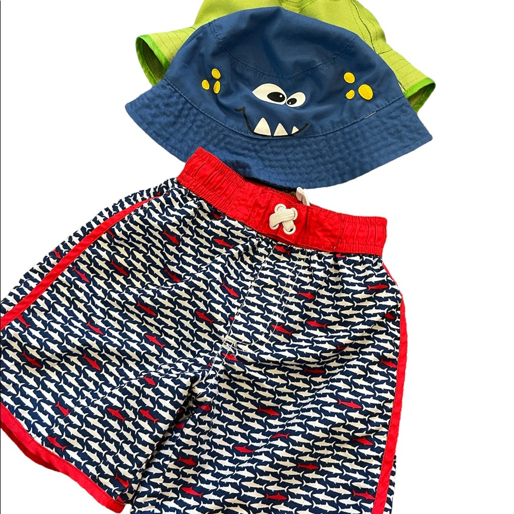 Boys 2T swim shorts and two hats. Used in good condition